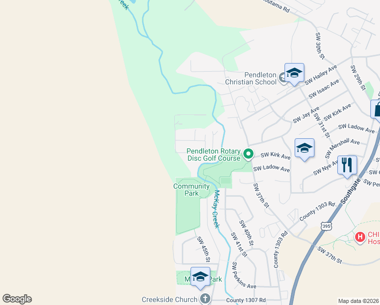 map of restaurants, bars, coffee shops, grocery stores, and more near 4307 Southwest Kirk Avenue in Pendleton