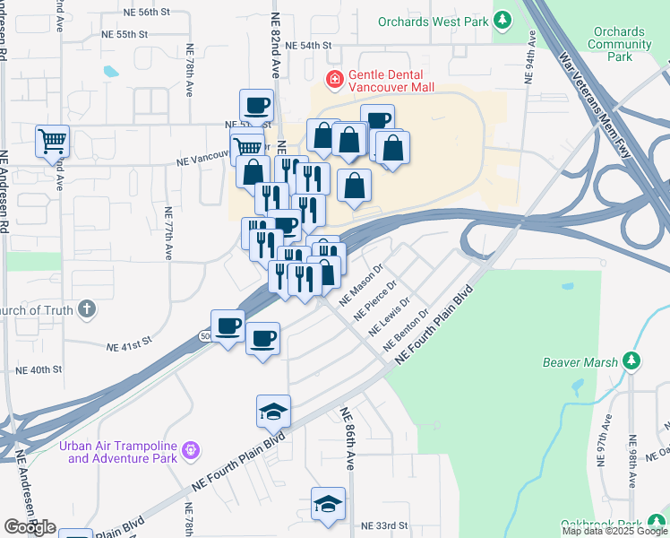 map of restaurants, bars, coffee shops, grocery stores, and more near 4317 NE Thurston Way in Vancouver