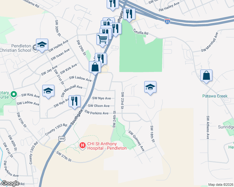 map of restaurants, bars, coffee shops, grocery stores, and more near 1214 Southwest 24th Street in Pendleton