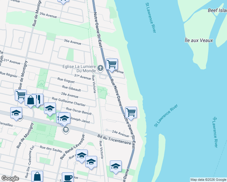 map of restaurants, bars, coffee shops, grocery stores, and more near 13101 Rue Notre-Dame Est in Montréal
