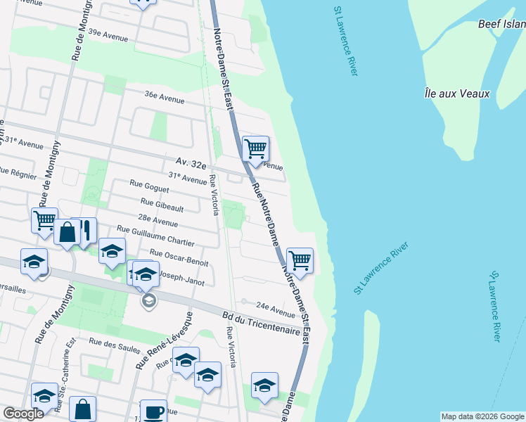 map of restaurants, bars, coffee shops, grocery stores, and more near 13101 Rue Notre-Dame Est in Montréal