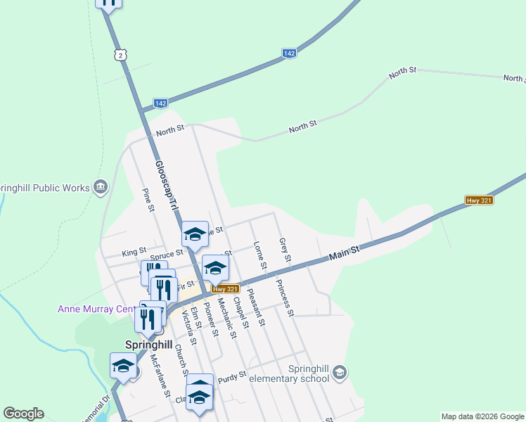 map of restaurants, bars, coffee shops, grocery stores, and more near 24 Grey Street in Springhill
