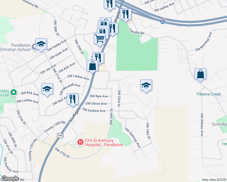 map of restaurants, bars, coffee shops, grocery stores, and more near 1214 Southwest 24th Street in Pendleton