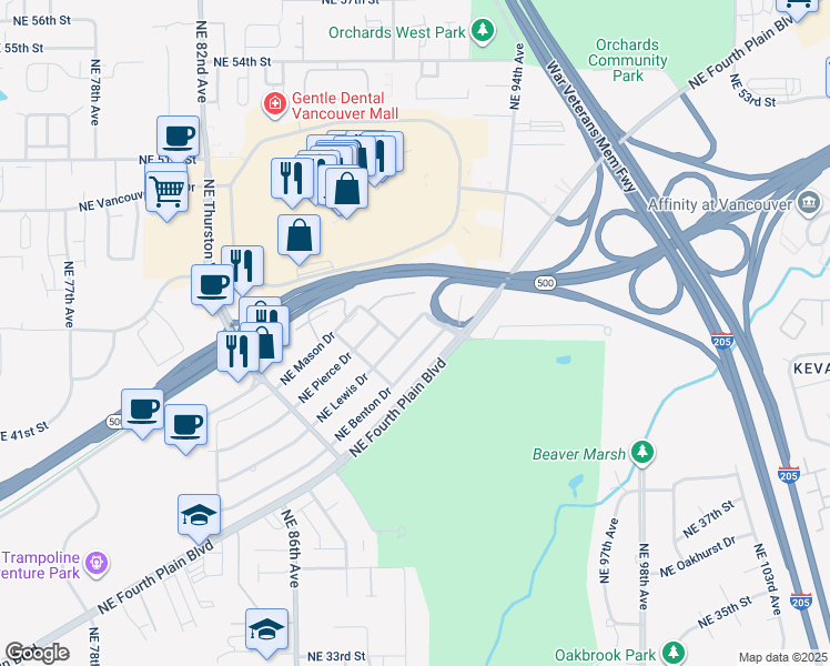 map of restaurants, bars, coffee shops, grocery stores, and more near 9009 Northeast Lewis Drive in Vancouver