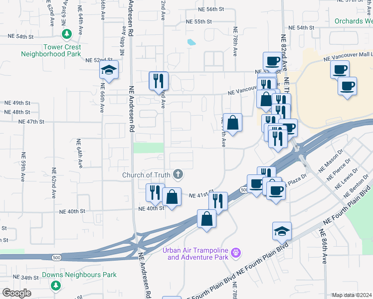 map of restaurants, bars, coffee shops, grocery stores, and more near 7215 Northeast 44th Way in Vancouver