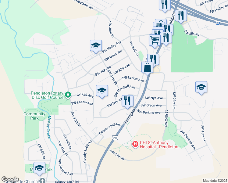 map of restaurants, bars, coffee shops, grocery stores, and more near 3111 Southwest Marshall Avenue in Pendleton