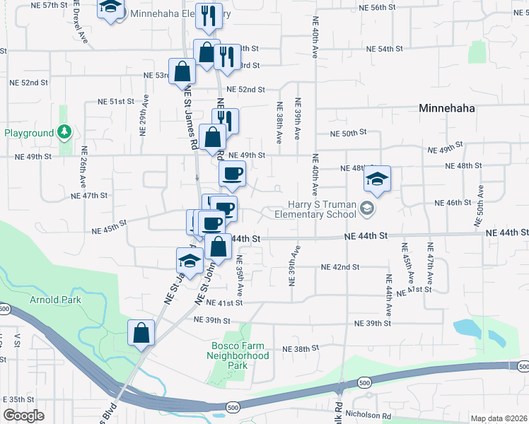 map of restaurants, bars, coffee shops, grocery stores, and more near 3505 Northeast 45th Street in Vancouver