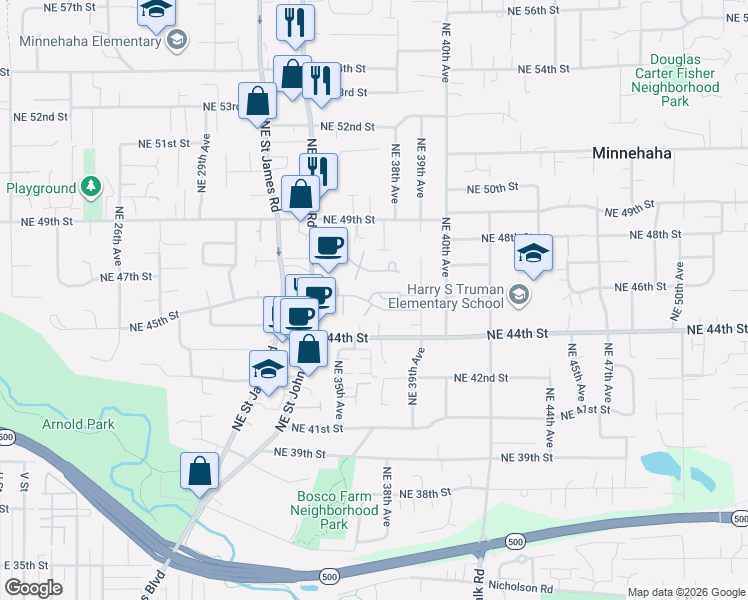 map of restaurants, bars, coffee shops, grocery stores, and more near 3502 Northeast 45th Street in Vancouver