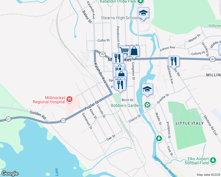 map of restaurants, bars, coffee shops, grocery stores, and more near 124 Katahdin Avenue in Millinocket