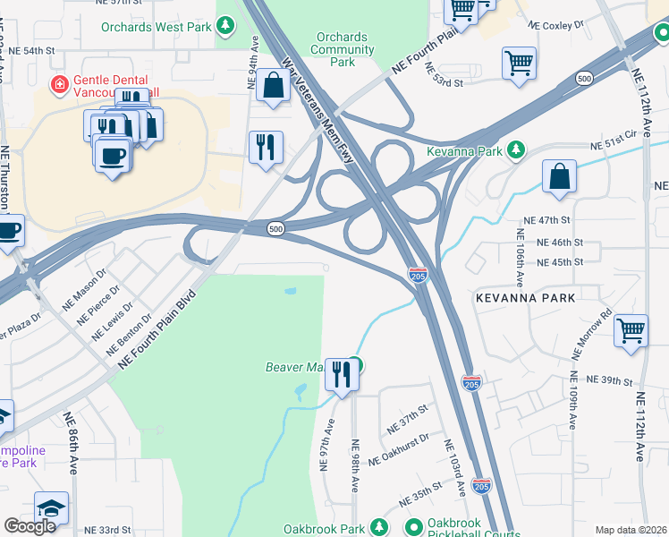 map of restaurants, bars, coffee shops, grocery stores, and more near 9623 Northeast Oak View Drive in Vancouver