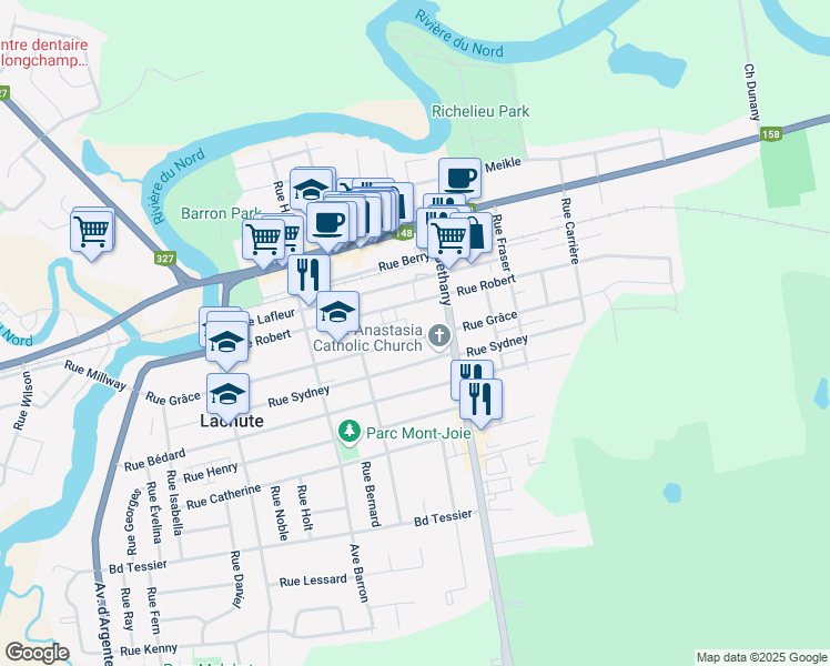 map of restaurants, bars, coffee shops, grocery stores, and more near 537 Rue Grâce in Lachute