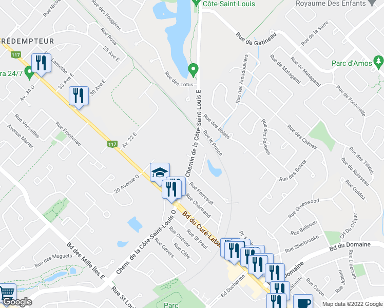 map of restaurants, bars, coffee shops, grocery stores, and more near 42 Chemin de la Côte Saint Louis Est in Blainville