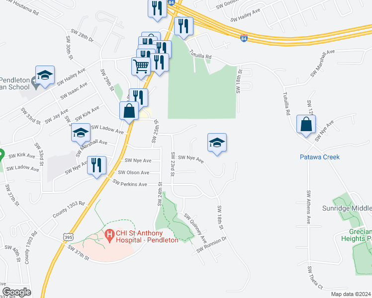 map of restaurants, bars, coffee shops, grocery stores, and more near 2204 Southwest Nye Avenue in Pendleton