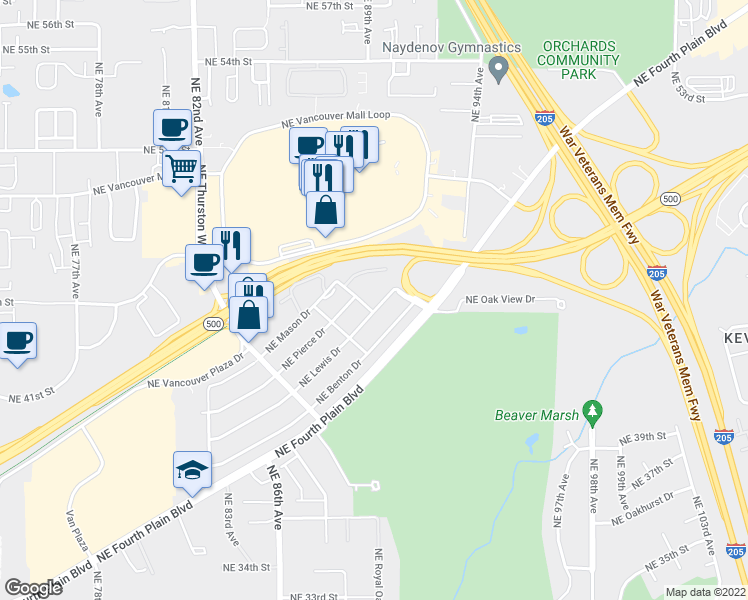 map of restaurants, bars, coffee shops, grocery stores, and more near 9004 Northeast Lewis Drive in Vancouver