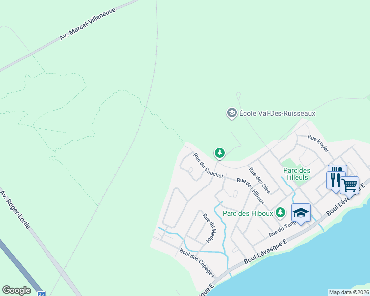 map of restaurants, bars, coffee shops, grocery stores, and more near 730 Rue du Souchet in Laval