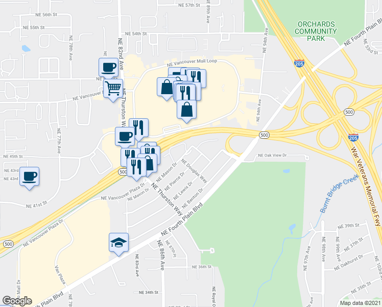 map of restaurants, bars, coffee shops, grocery stores, and more near 4329 Northeast Douglas Way in Vancouver