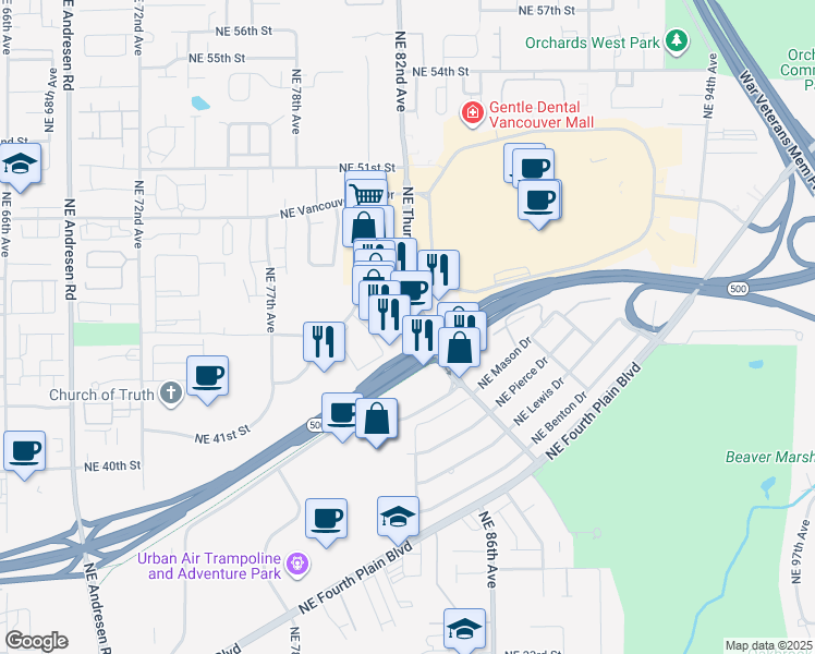 map of restaurants, bars, coffee shops, grocery stores, and more near 8101 Northeast Parkway Drive in Vancouver