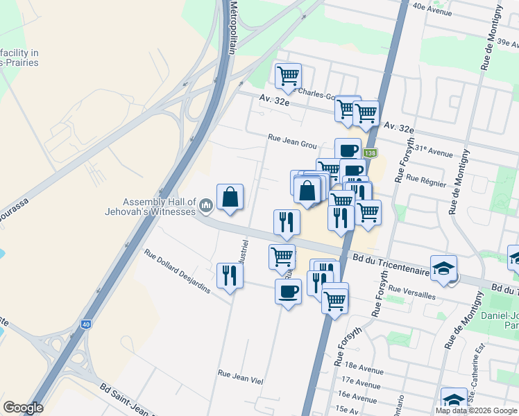 map of restaurants, bars, coffee shops, grocery stores, and more near 12660 Boulevard Industriel in Montréal