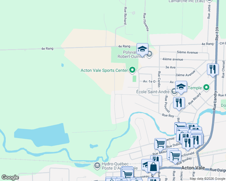 map of restaurants, bars, coffee shops, grocery stores, and more near 1495 Rue Bernier in Acton Vale