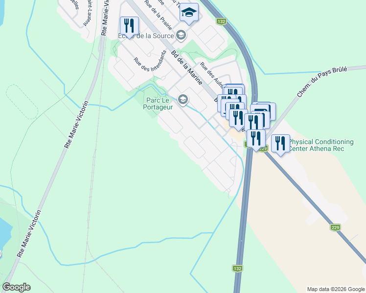 map of restaurants, bars, coffee shops, grocery stores, and more near 145 Rue de l'Âtre in Varennes