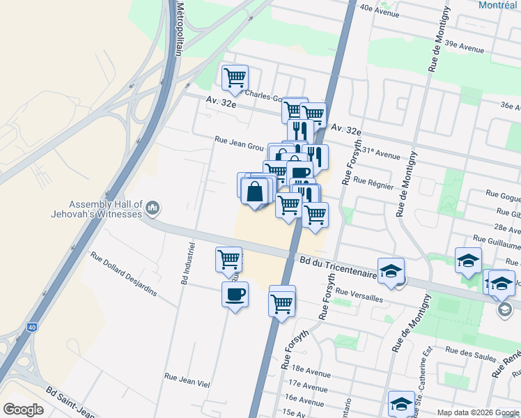 map of restaurants, bars, coffee shops, grocery stores, and more near 12675 Rue Sherbrooke Est in Montréal