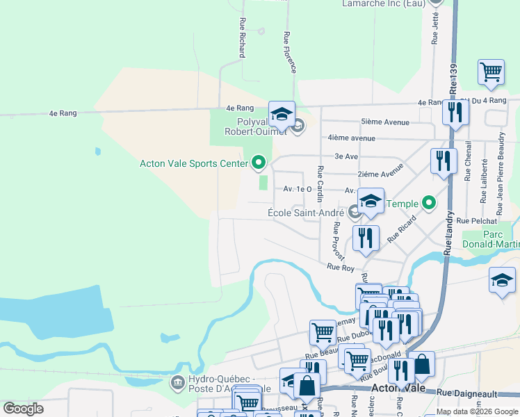 map of restaurants, bars, coffee shops, grocery stores, and more near 1485 Rue Bergeron in Acton Vale