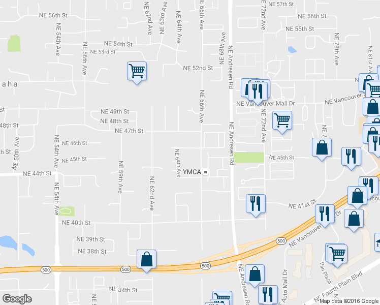 map of restaurants, bars, coffee shops, grocery stores, and more near 6503 Northeast 45th Way in Vancouver