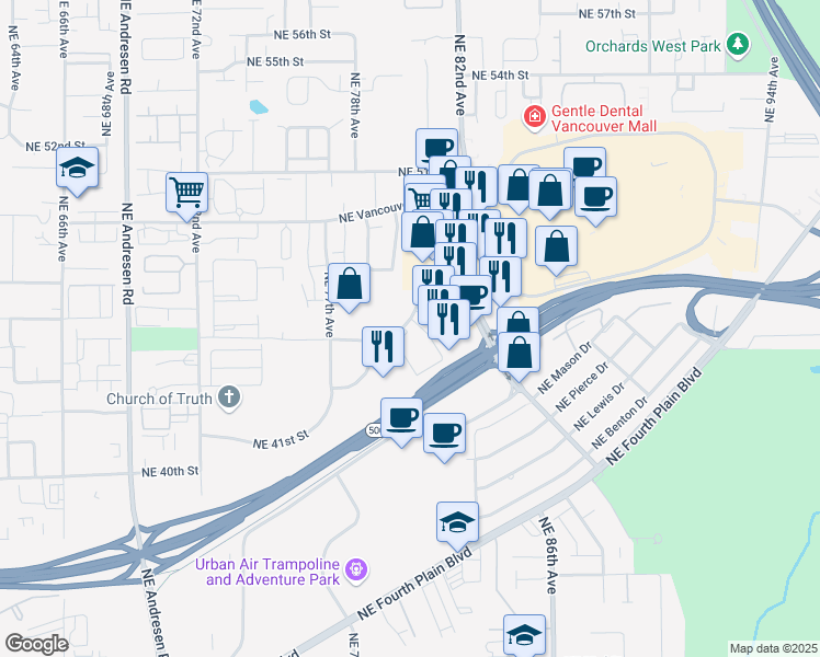 map of restaurants, bars, coffee shops, grocery stores, and more near 8005 Northeast Parkway Drive in Vancouver