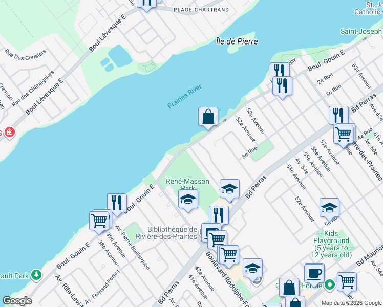 map of restaurants, bars, coffee shops, grocery stores, and more near 12780 Avenue 48e in Montréal