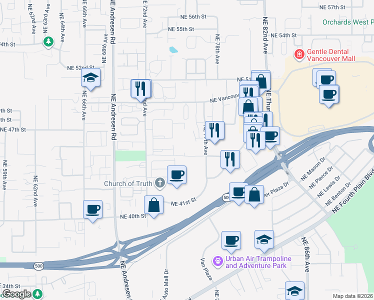 map of restaurants, bars, coffee shops, grocery stores, and more near 7508 Northeast 45th Street in Vancouver