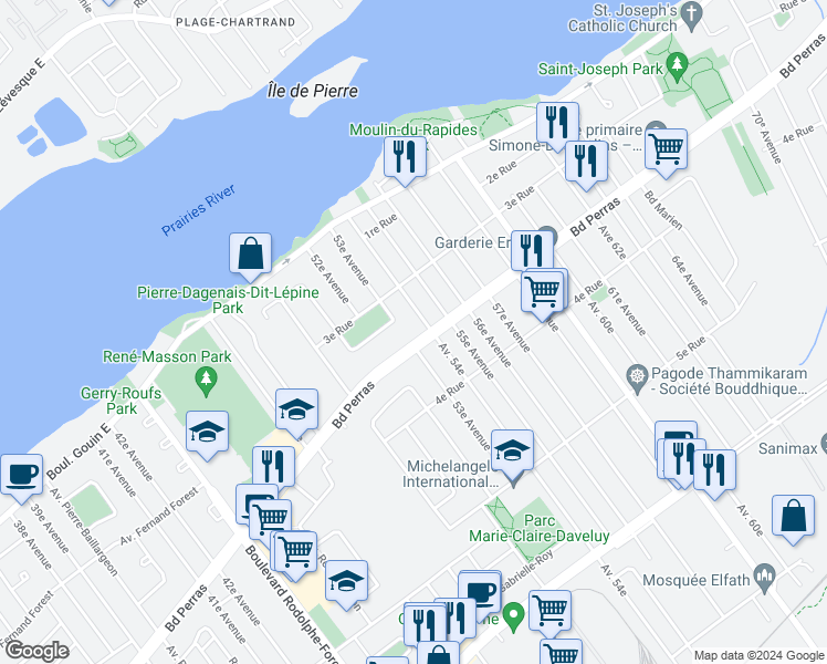 map of restaurants, bars, coffee shops, grocery stores, and more near 9381 Boulevard Perras in Montréal