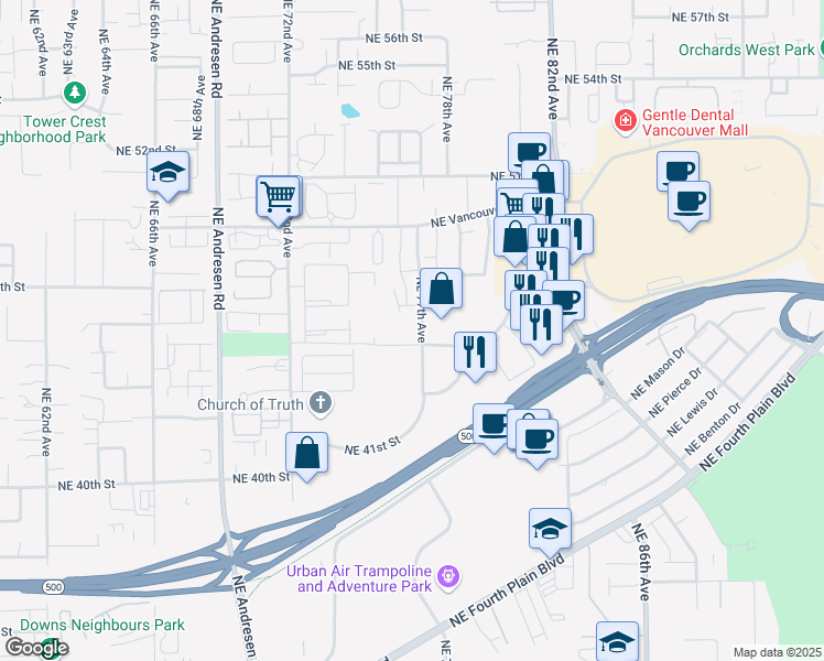map of restaurants, bars, coffee shops, grocery stores, and more near 4610 Northeast 77th Avenue in Vancouver