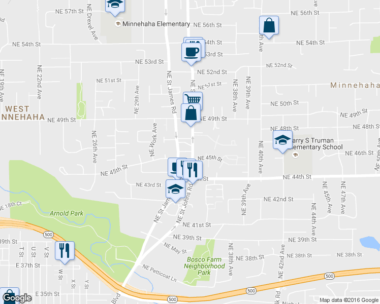 map of restaurants, bars, coffee shops, grocery stores, and more near 4602 NE St Johns Rd in Vancouver