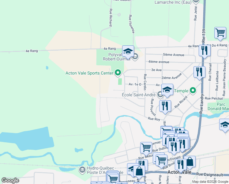 map of restaurants, bars, coffee shops, grocery stores, and more near 1515 Rue Bergeron in Acton Vale