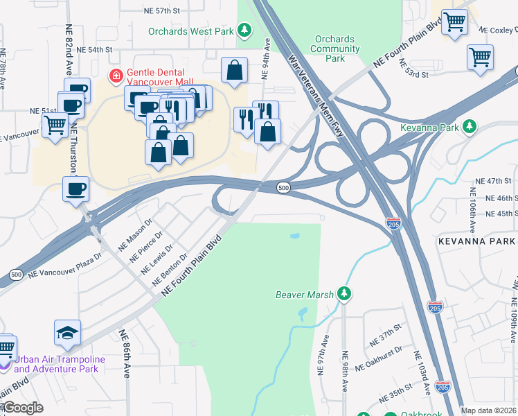 map of restaurants, bars, coffee shops, grocery stores, and more near NE Fourth Plain Rd in Vancouver