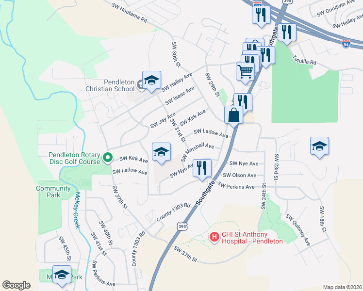 map of restaurants, bars, coffee shops, grocery stores, and more near 3017 Southwest Ladow Avenue in Pendleton