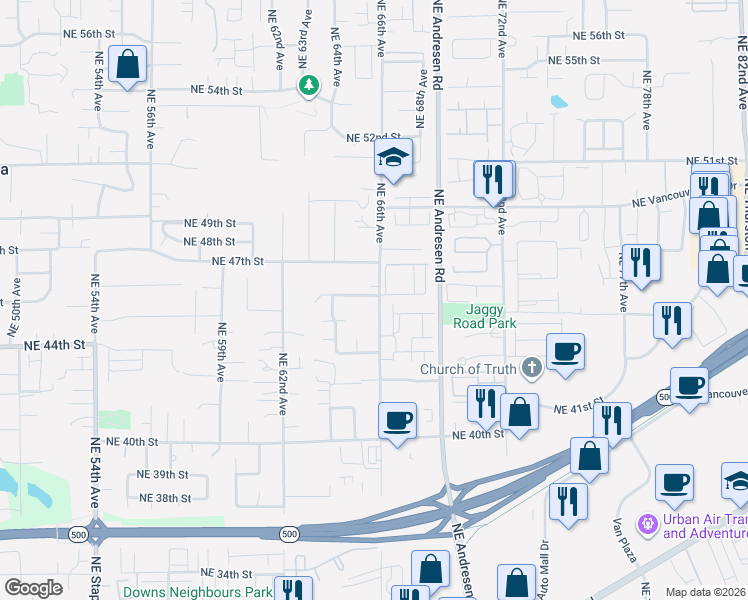 map of restaurants, bars, coffee shops, grocery stores, and more near 6506 Northeast 45th Way in Vancouver
