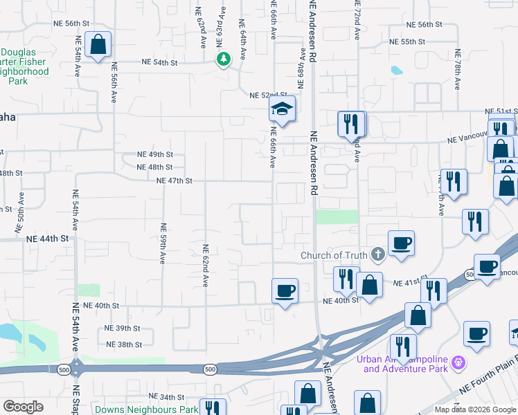 map of restaurants, bars, coffee shops, grocery stores, and more near 6506 Northeast 45th Way in Vancouver