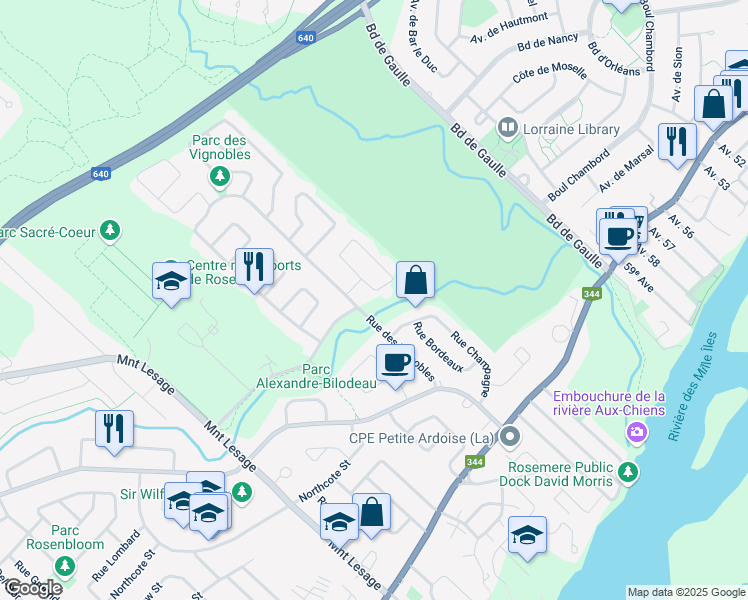 map of restaurants, bars, coffee shops, grocery stores, and more near 606 Rue du Cote du Rhone in Rosemère