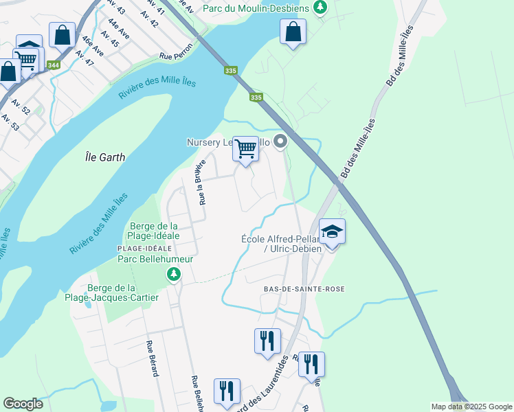 map of restaurants, bars, coffee shops, grocery stores, and more near 1071 Rue Bienville in Laval
