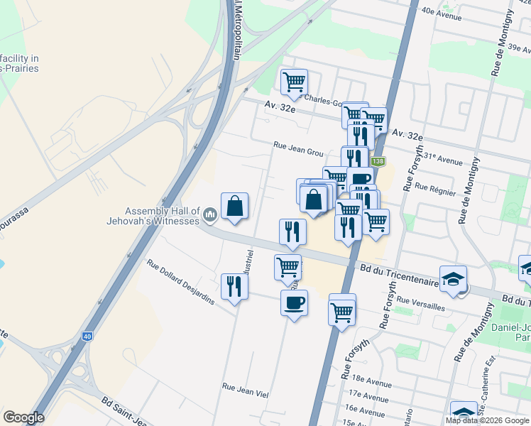 map of restaurants, bars, coffee shops, grocery stores, and more near 12698 Boulevard Industriel in Montréal