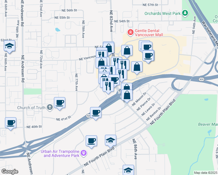 map of restaurants, bars, coffee shops, grocery stores, and more near 8101 Northeast Parkway Drive in Vancouver
