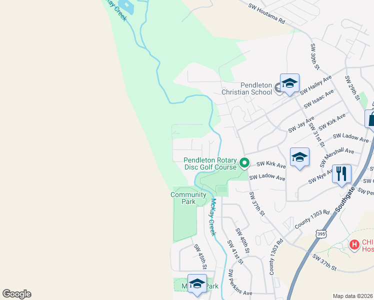 map of restaurants, bars, coffee shops, grocery stores, and more near 4303 Southwest Jay Avenue in Pendleton
