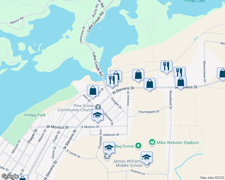 map of restaurants, bars, coffee shops, grocery stores, and more near 1505 North Stevens Street in Rhinelander