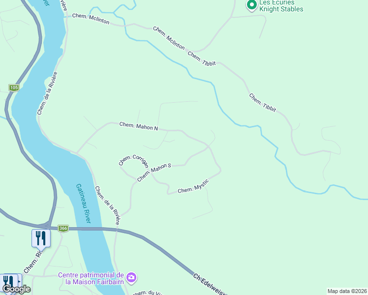 map of restaurants, bars, coffee shops, grocery stores, and more near Québec 366 in Outaouais