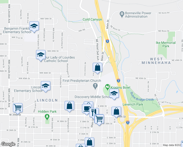 map of restaurants, bars, coffee shops, grocery stores, and more near 4521 Northeast Creston Avenue in Vancouver