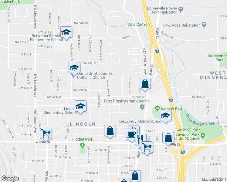 map of restaurants, bars, coffee shops, grocery stores, and more near 4611 Northwest Washington Street in Vancouver