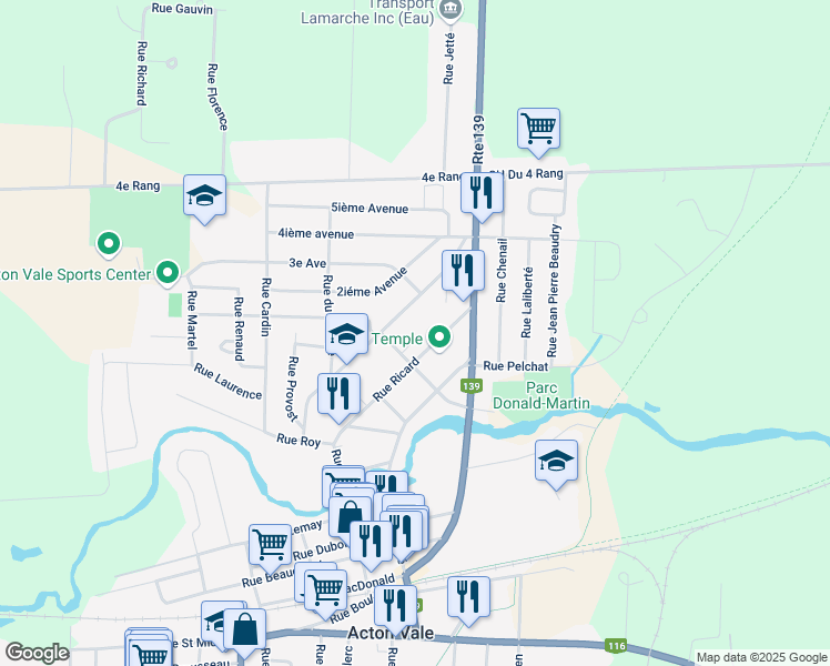 map of restaurants, bars, coffee shops, grocery stores, and more near 1100 Rue Guertin in Acton Vale