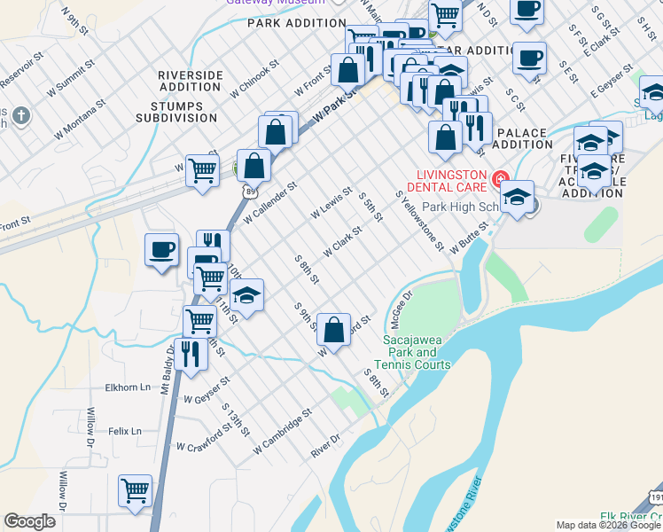map of restaurants, bars, coffee shops, grocery stores, and more near 700-798 W Clark St in Livingston