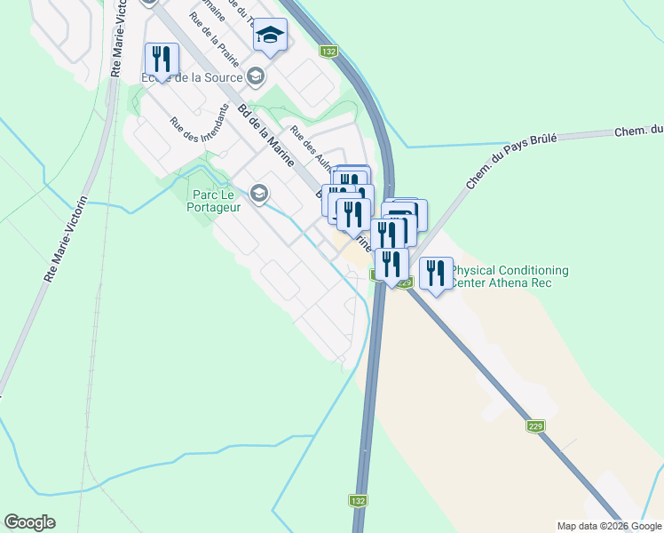 map of restaurants, bars, coffee shops, grocery stores, and more near 193 Rue de l'Amadou in Varennes